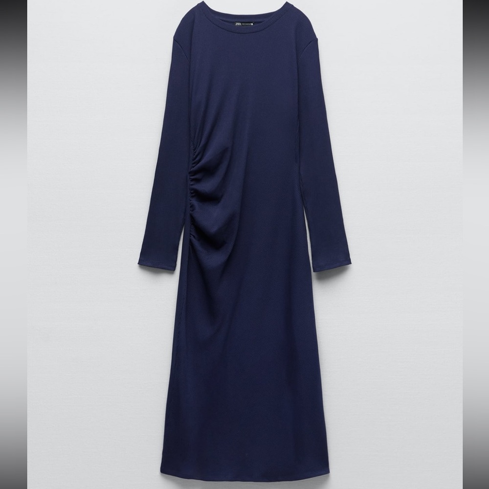 Zara Rushed Dress Ink Blue Size M Cotton